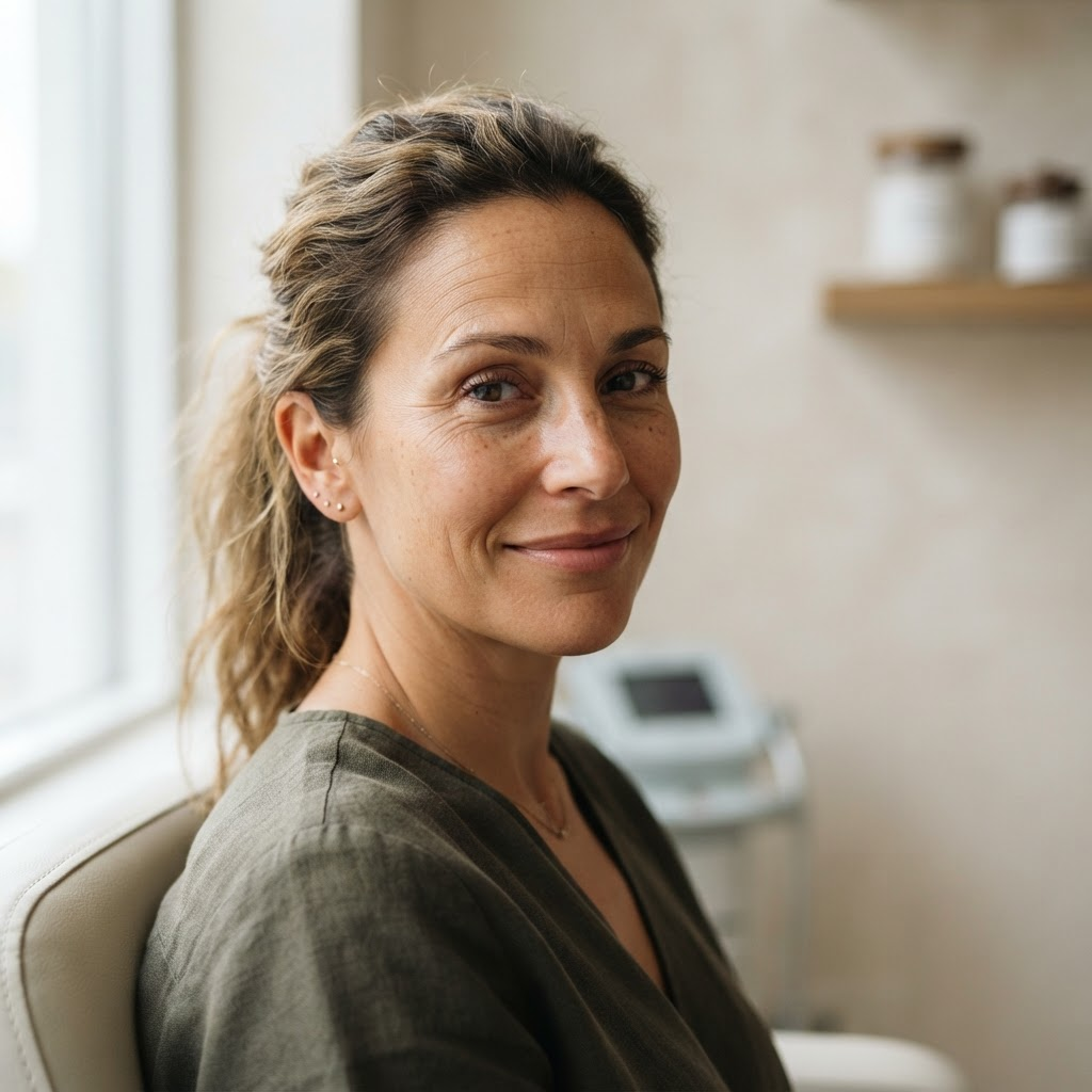 Woman with luminous natural skin in an editorial beauty portrait