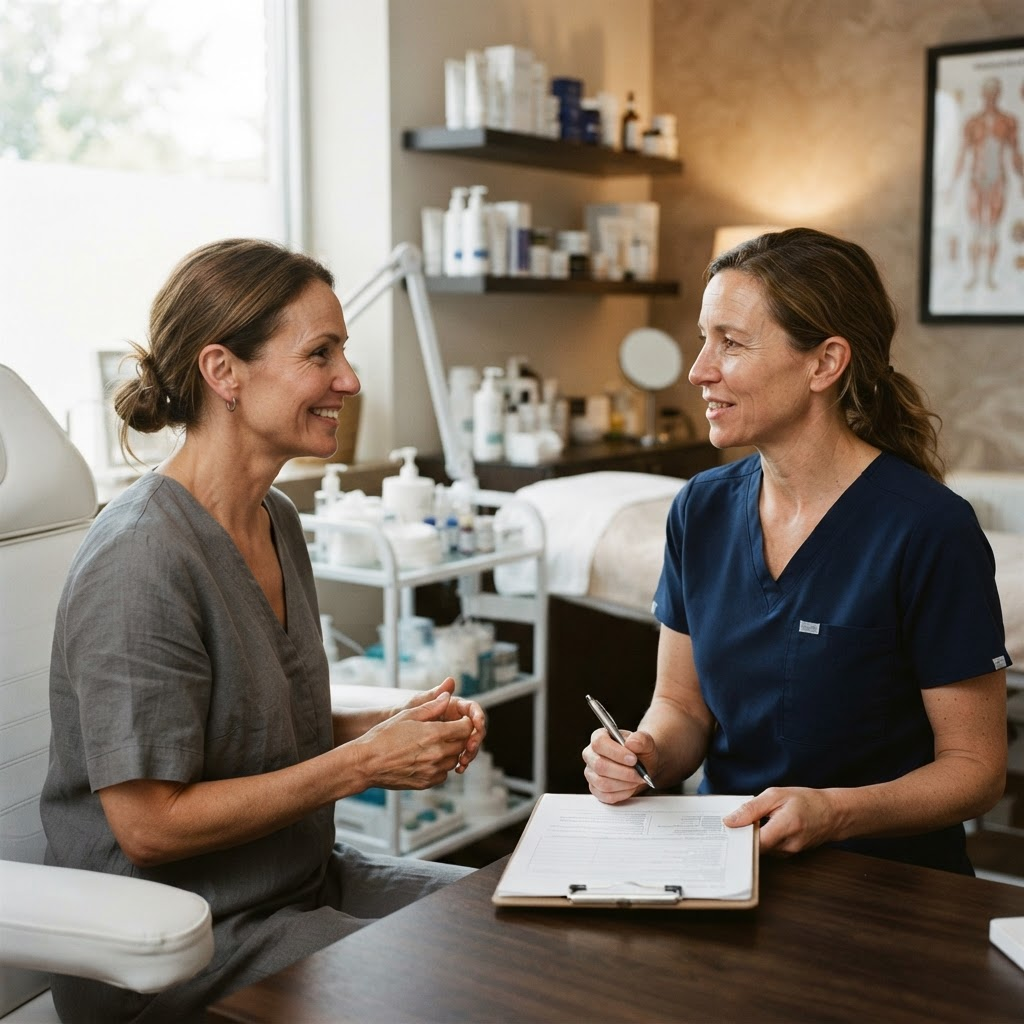 Aesthetic practitioner consulting warmly with a client